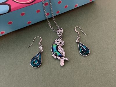 Teal Green Owl Pendant Necklace and Dangle Earrings