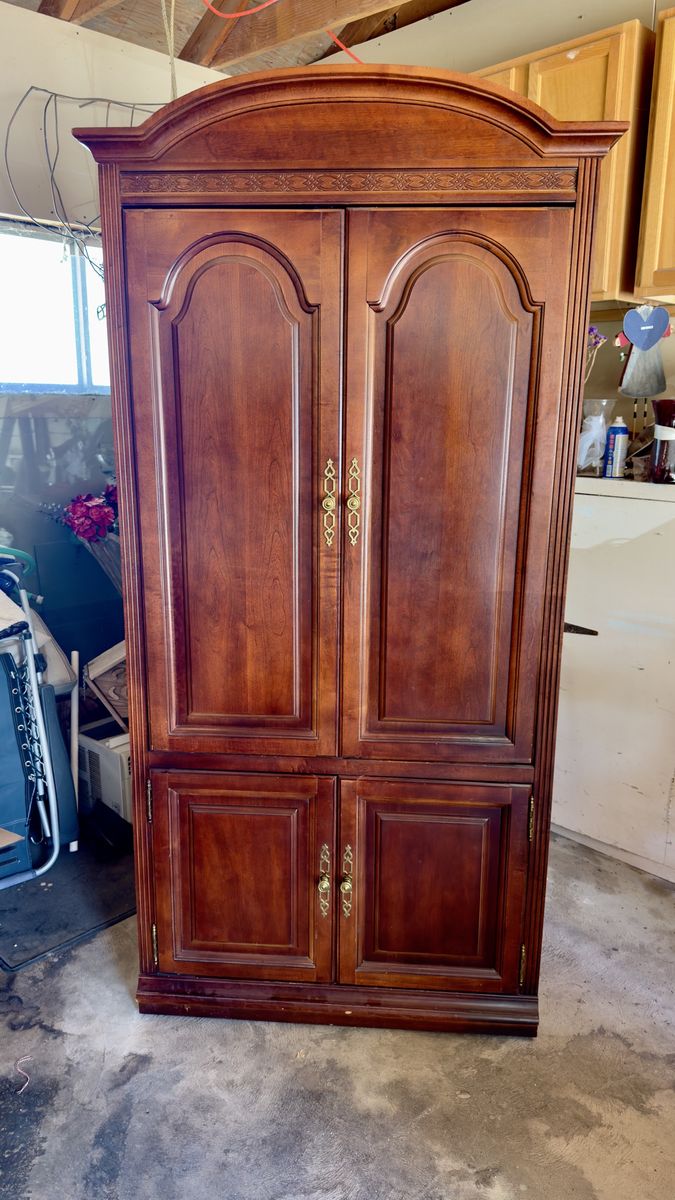 Wooden Armoire Wardrobe Cherry Finish with Brass Hardware