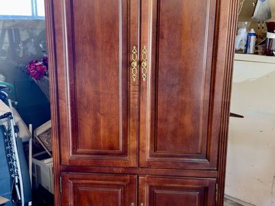 Wooden Armoire Wardrobe Cherry Finish with Brass Hardware