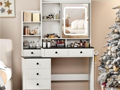 Modern Vanity Desk with LED Lighted Mirror, Power Outlet & Storage – New in Box # 432