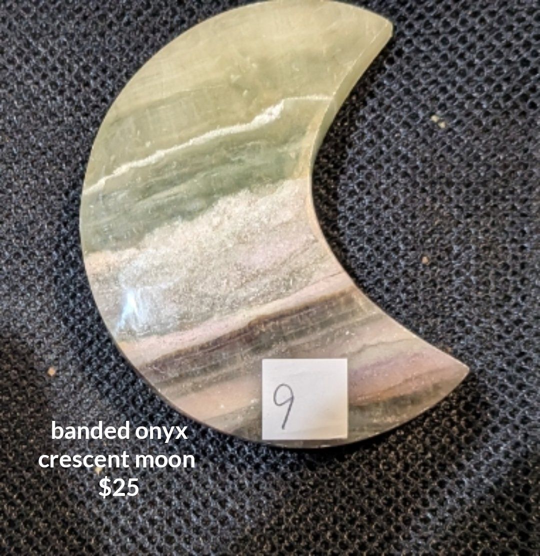 Banded Onyx Crescent Moon Stone Carving - Unique Green & Purple Metaphysical Decor