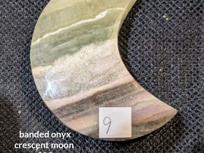 Banded Onyx Crescent Moon Stone Carving - Unique Green & Purple Metaphysical Decor