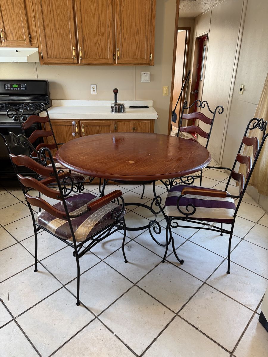 Vintage Wood & Wrought Iron Dining Table & 4 Chairs with 4 Bar Stools - 9 Piece