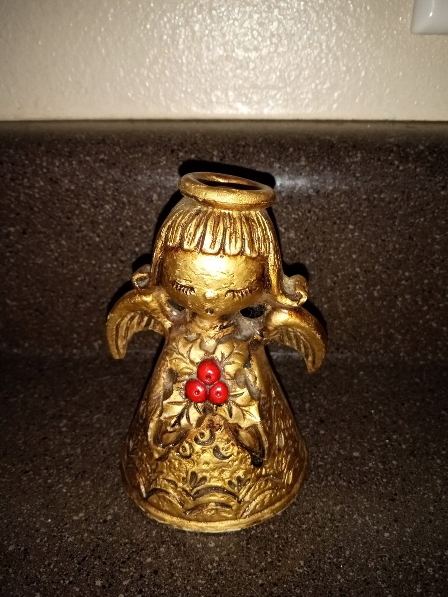 Vintage Gold Angel ceramic with Holly Berries - Christmas Holiday Decor