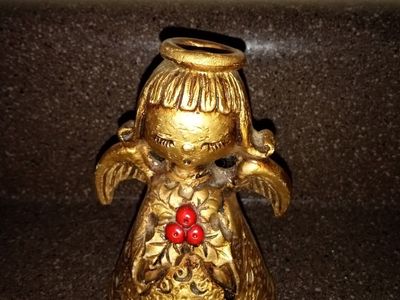 Vintage Gold Angel ceramic with Holly Berries - Christmas Holiday Decor