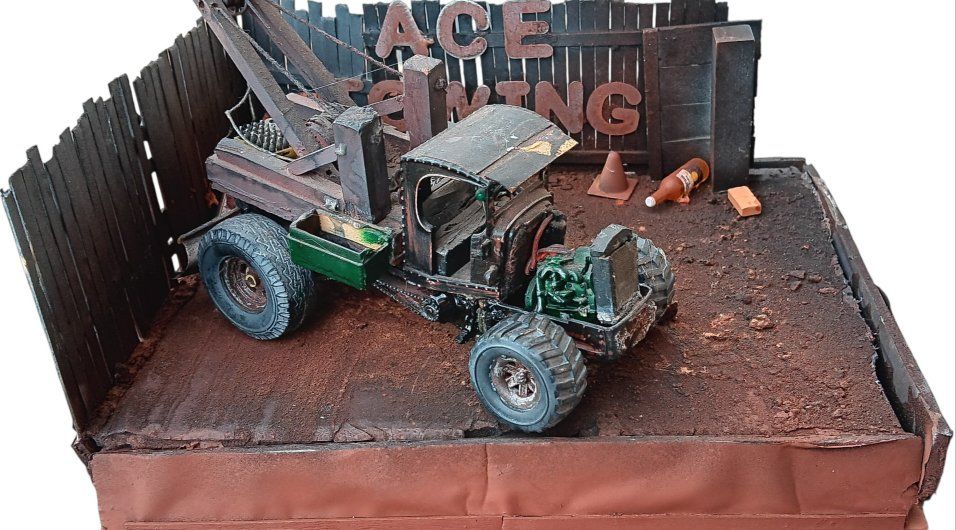 Vintage Ace Towing Diorama - Custom Built Model Truck with Display Base, Weathered.. Approx 10"×8"×6'5"..approx 1/35 scale.