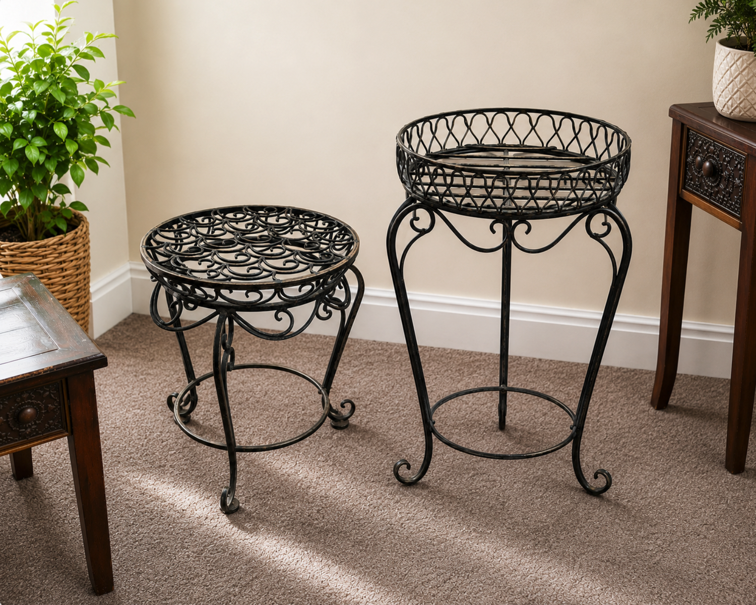 Set of 2 Decorative Wrought Iron Plant Stands – Large & Small Metal Planter Holders