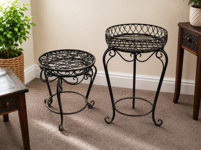 Set of 2 Decorative Wrought Iron Plant Stands – Large & Small Metal Planter Holders