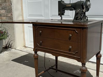 Antique White Sewing Machine in Cabinet