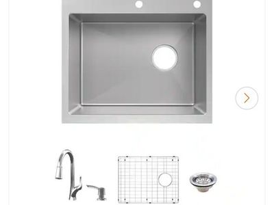 New Stainless steel sink with faucet, soap dispenser and bottom grate