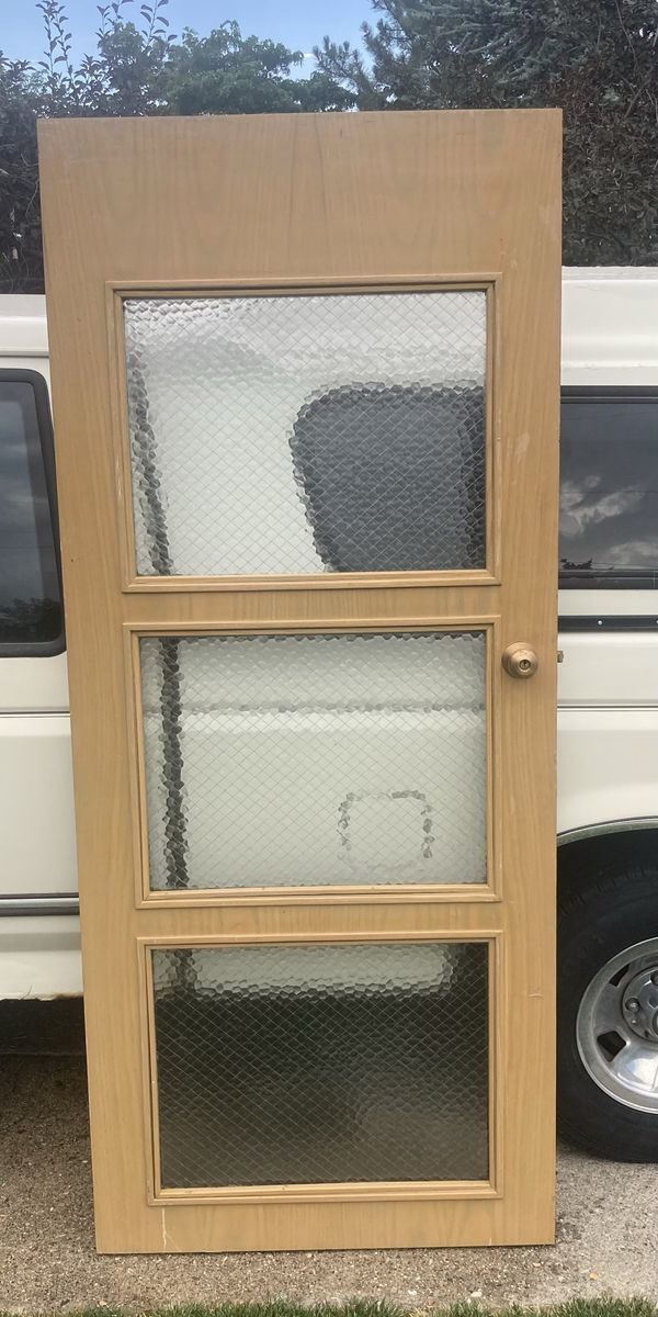 Vintage Wooden Interior Door with Textured Glass Panels and Doorknob, Unfinished/Painted Brown