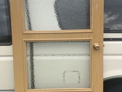 Vintage Wooden Interior Door with Textured Glass Panels and Doorknob, Unfinished/Painted Brown
