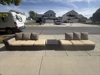 Modern Wicker Patio Lounge Set w/ Table premium cushions and pillows