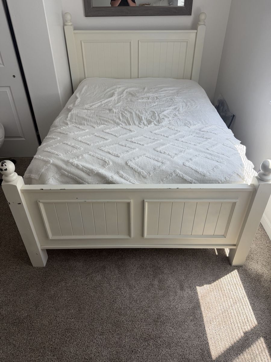 White Full Size Bed Frame, Mattress, and Box Spring - Barely Used