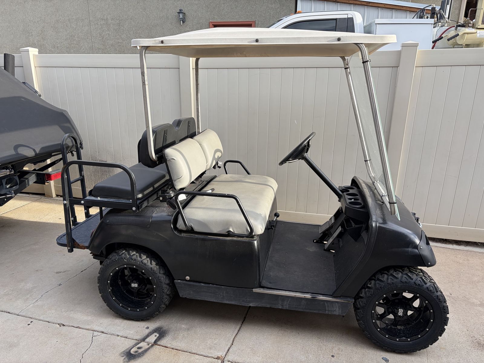 Black Golf Cart gas powered with Roof and Convertible Rear Cargo Bed