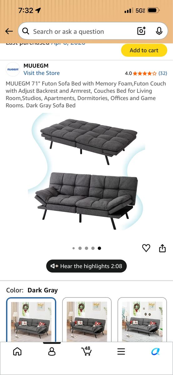 MUUGEGM 71" Dark Gray Futon Sofa Bed w/ Memory Foam, Adjustable Backrest & Armrest