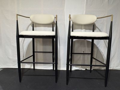 2 Modern Black & Gold Frame Bar Stools with Cream Upholstered Seats - Counter Height Chairs