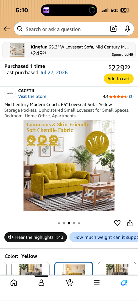  Mid Century modern couch love seat sofa 65” (yellow)