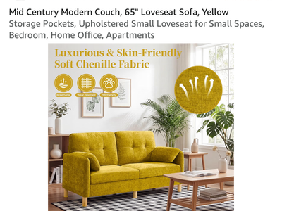 Mid Century modern couch love seat sofa 65” (yellow)