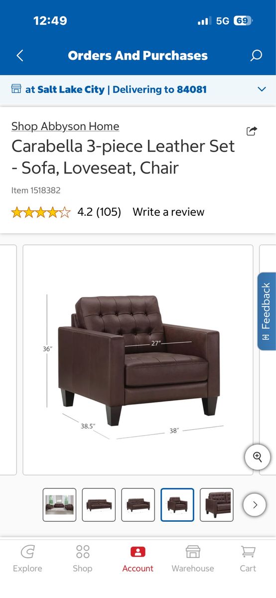 Abbyson Home Carabella 3-Piece Brown Leather Sofa, Loveseat & Chair Set - Used for Staging