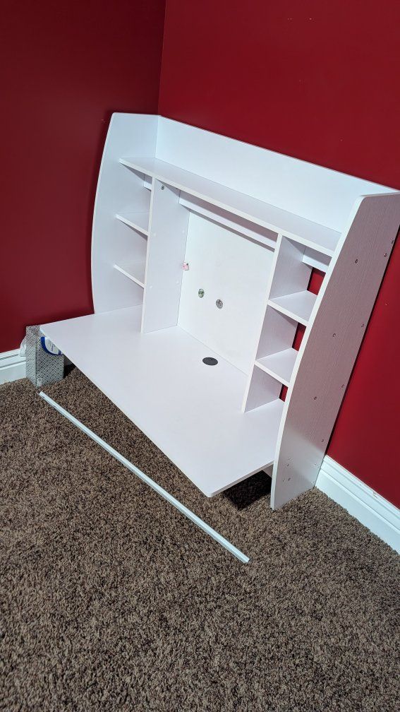 White Wall-Mounted Floating Desk with Storage Shelves and Cable Management