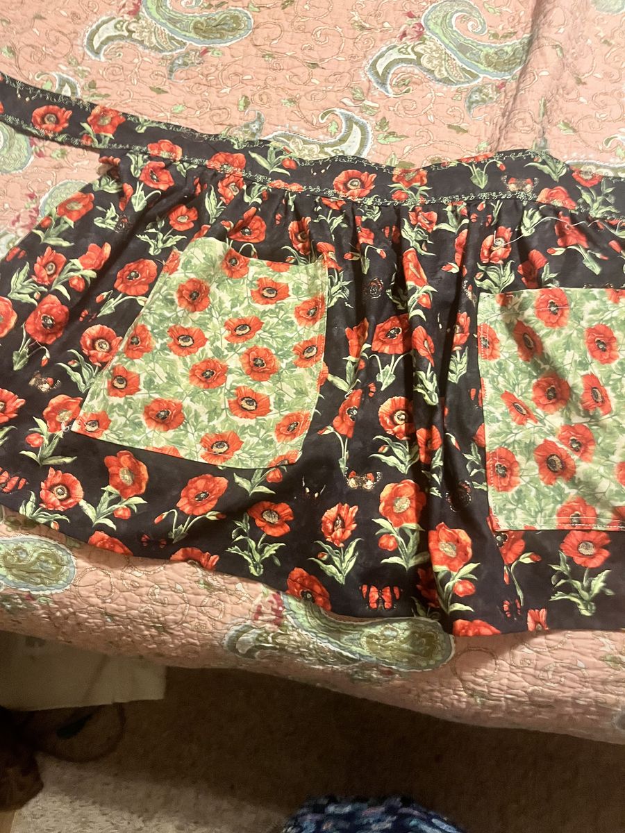 Handmade Half Apron with Red Poppy Floral Print - 52" Ties, 16" Length
