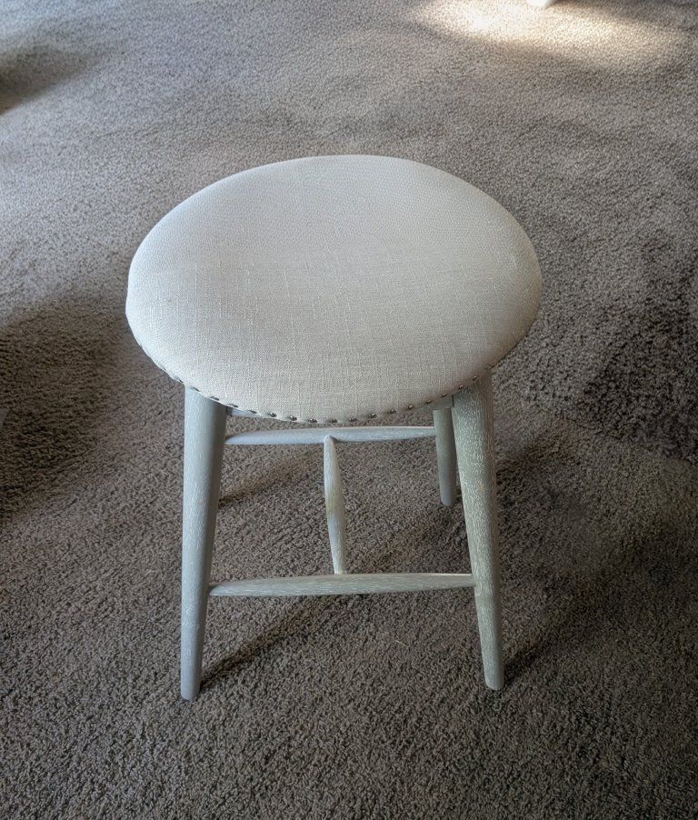 Upholstered Round Stool with Nailhead Trim - Light Gray Wood Finish