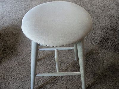 Upholstered Round Stool with Nailhead Trim - Light Gray Wood Finish