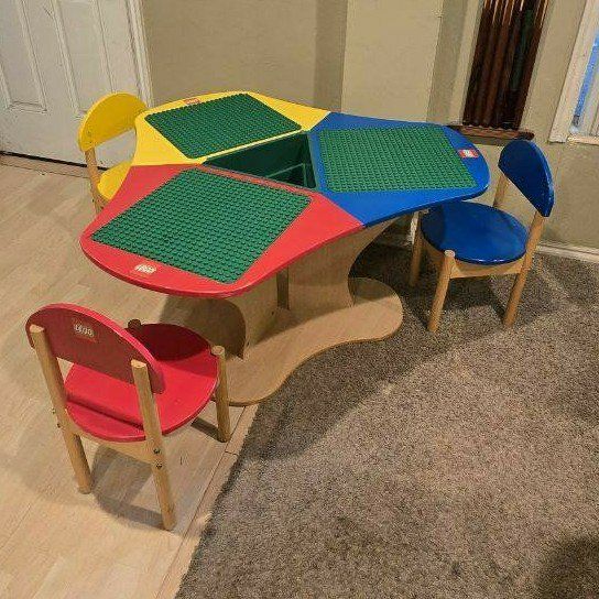 LEGO Education Play Table Solid Hardwood 3 Matching Lego Chairs Building Plates Duplo Quatro