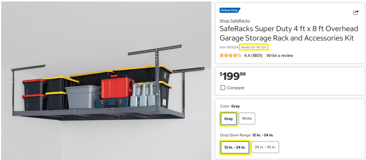 SafeRacks SD-4812H Super Duty 4ft x 8ft Overhead Garage Storage Rack Kit - 800lb Capacity, powder coated Hammertone Gray