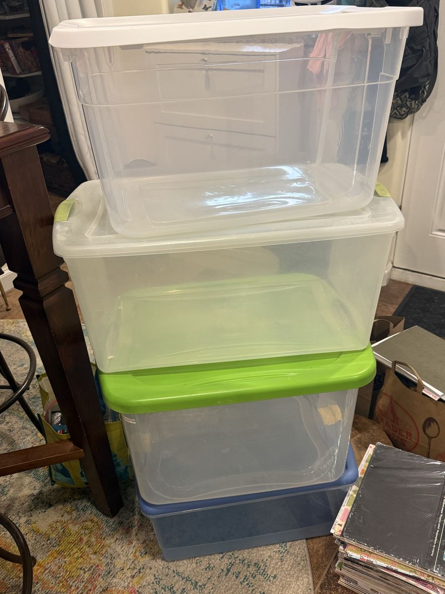FREE! 4 Clear Plastic Storage Bins with Lids - Assorted Sizes, Stackable Organization