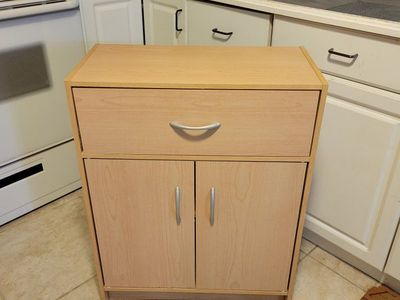 Wood Storage Cabinet w/ Drawer & Shelves - Light Brown Finish
