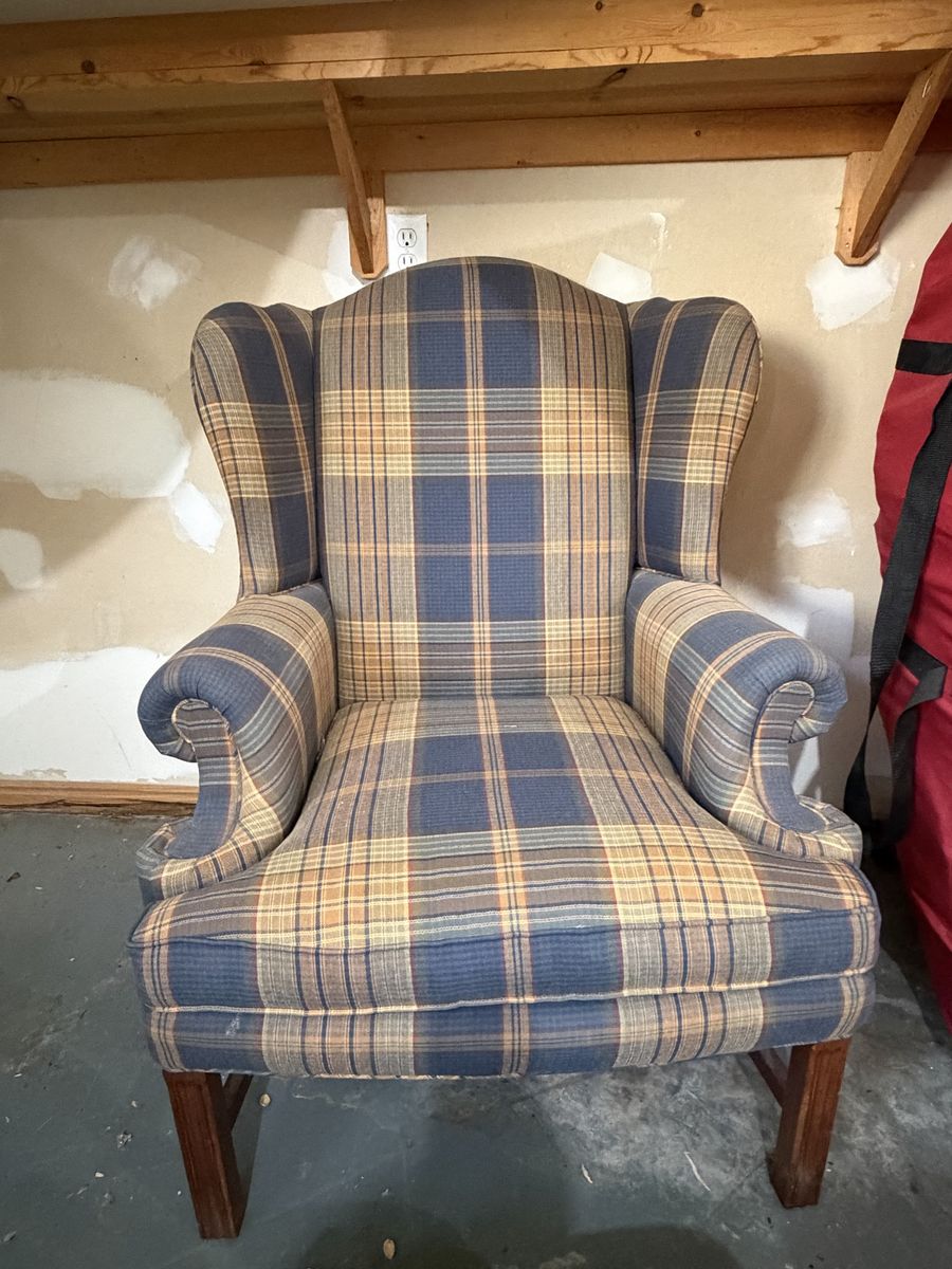 Classic Plaid Wingback Armchair with Solid Wood Legs
