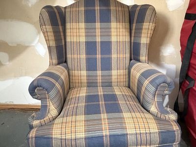 Classic Plaid Wingback Armchair with Solid Wood Legs