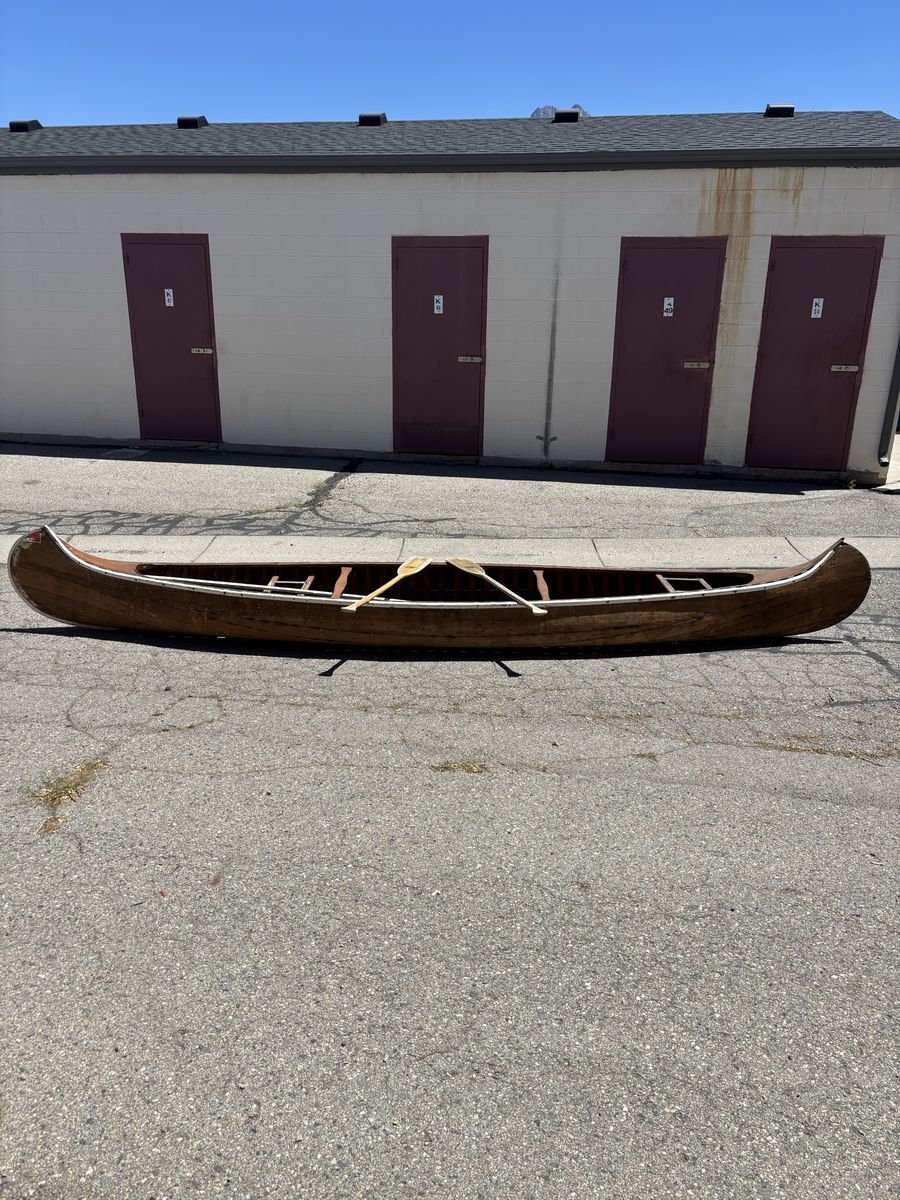 Vintage Wooden Canvas Canoe with Paddles - Classic Watercraft 16ft.