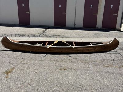 Vintage Wooden Canvas Canoe with Paddles - Classic Watercraft 16ft.