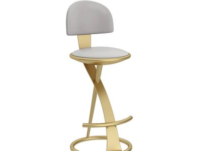 2Modern Modernist Sculptural Gold Metal Bar Stool with gold Upholstered Seat