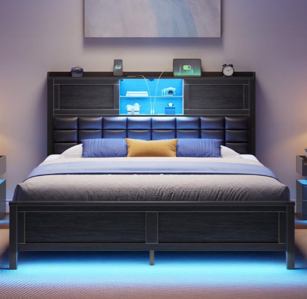 Rolanstar Bed Frame Full Size with Charging Station, Bookcase Headboard Bed with LED Light and Sliding Doors, Platform Bed with