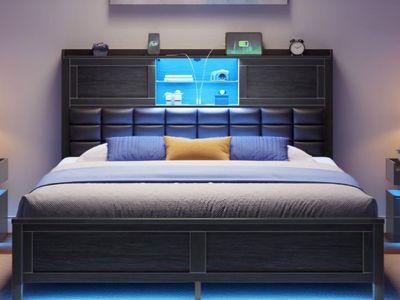 Rolanstar Bed Frame Full Size with Charging Station, Bookcase Headboard Bed with LED Light and Sliding Doors, Platform Bed with