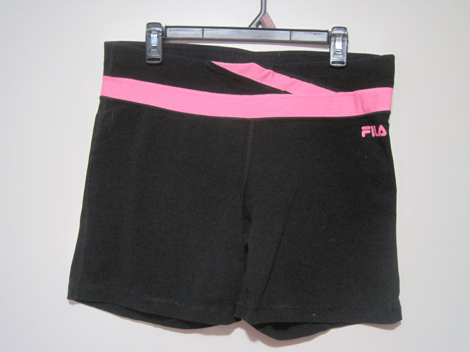 FILA SPORT Womens Large Black & Pink Stripe Flash Fitted Athletic Elastic Shorts