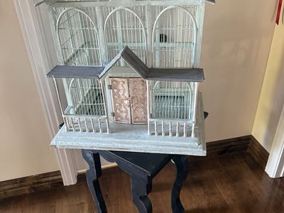 Most gorgeous vintage Victorian birdcage door opens metal tray slides out. 28” T x 18.5” D bird cage