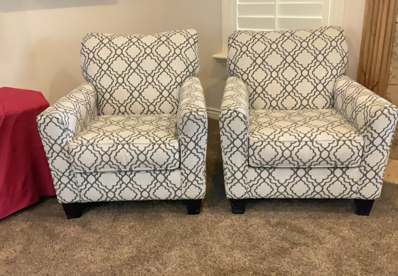 Pair of Geometric Pattern Upholstered Armchairs - Off-White & Gray