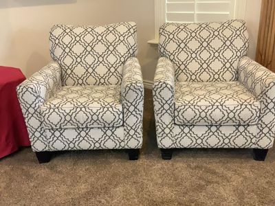 Pair of Geometric Pattern Upholstered Armchairs - Off-White & Gray