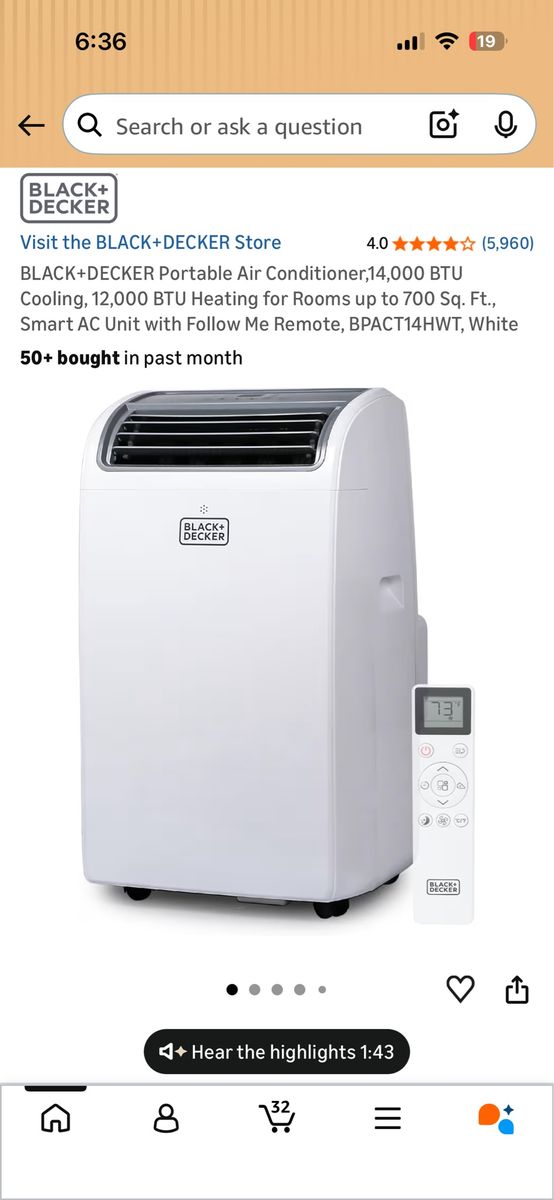 Black + Decker portable air conditioner 14,000 BTU