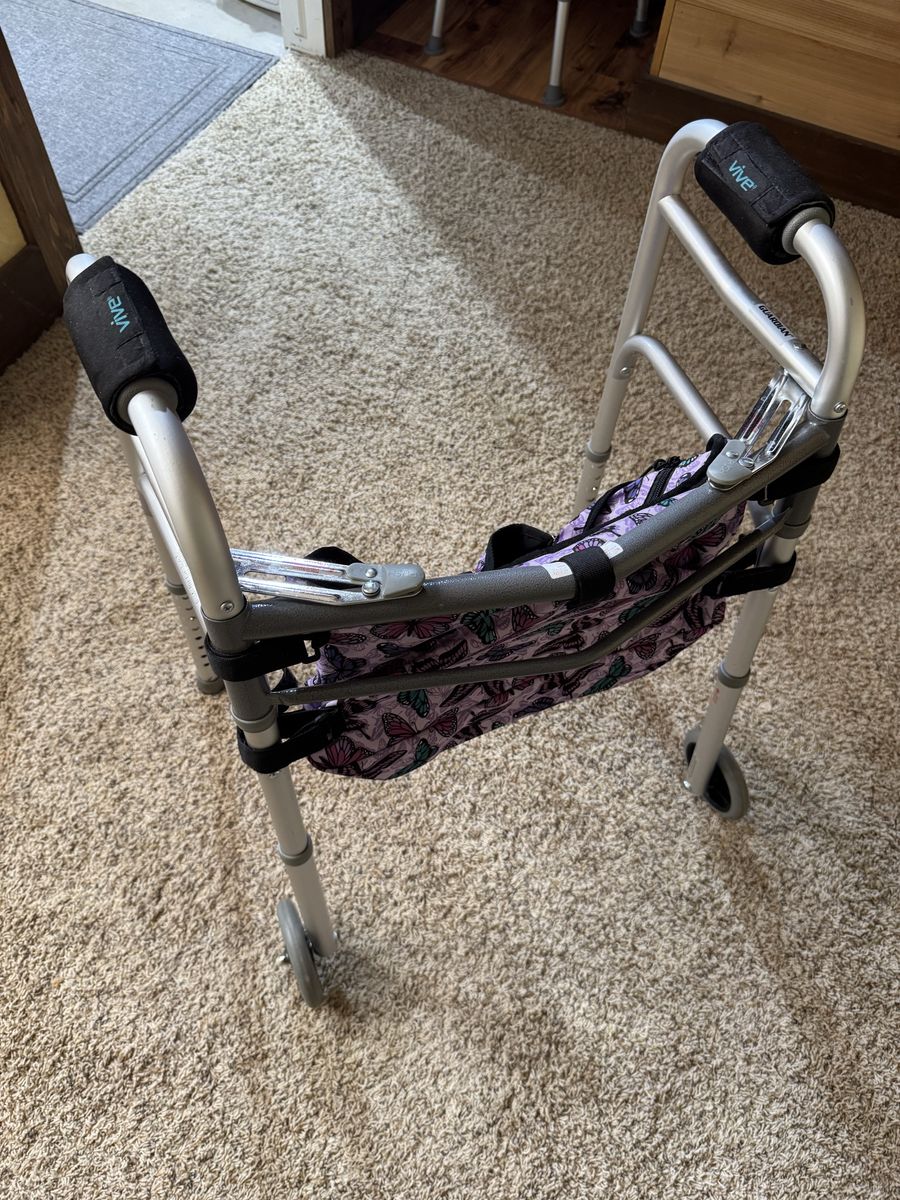 Guardian Folding Medical Walker with Front Wheels and Floral Tote