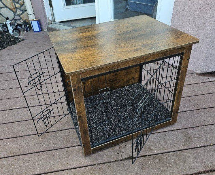 Pet Crate End Table - Rustic Wood Furniture Dog Kennel with Dual Doors