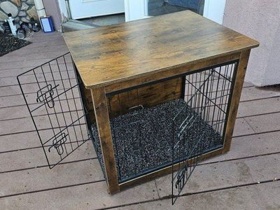 Pet Crate End Table - Rustic Wood Furniture Dog Kennel with Dual Doors