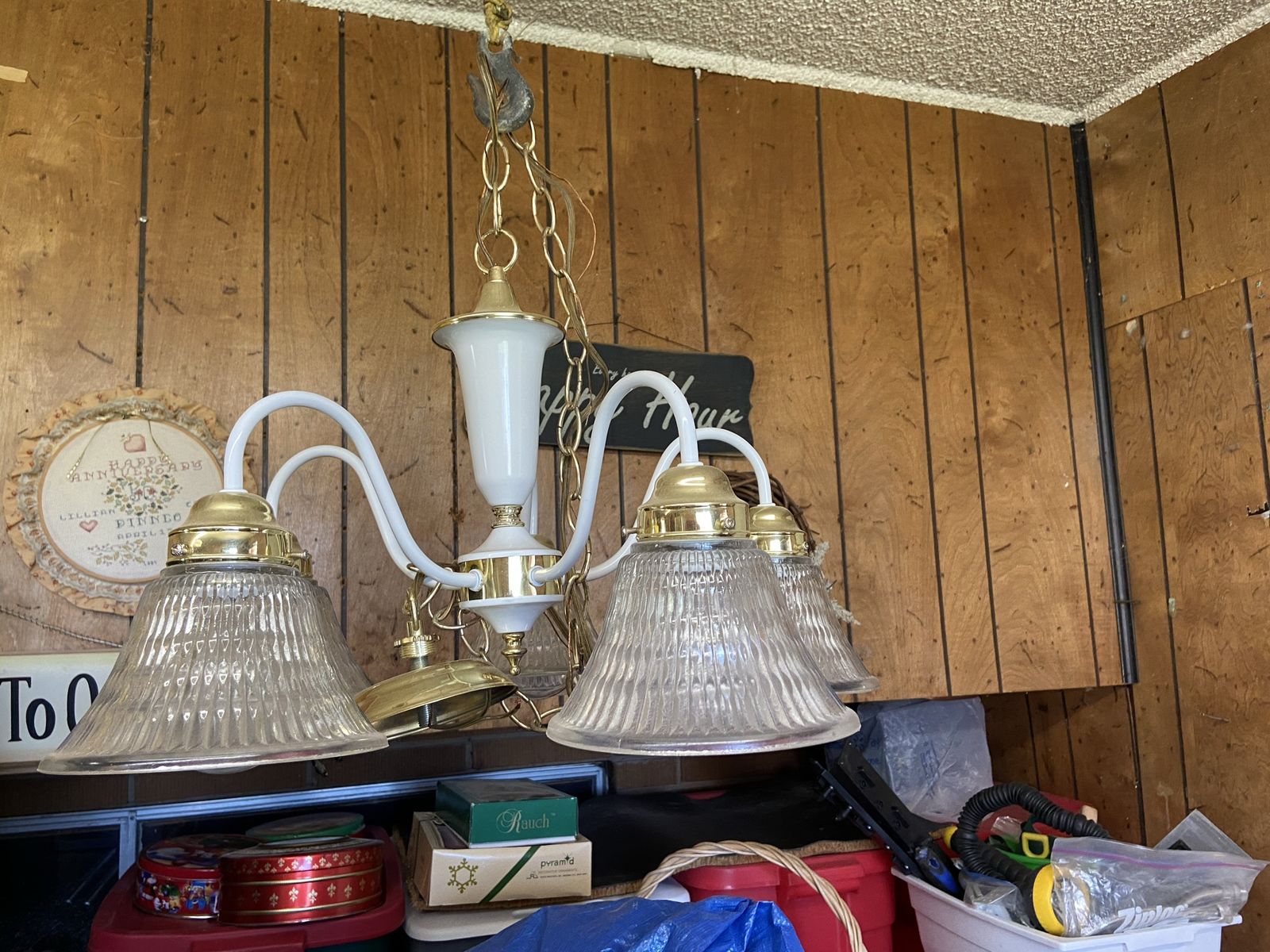 Vintage Brass and White 5-Light Chandelier Hanging Fixture with Fluted Glass Shades