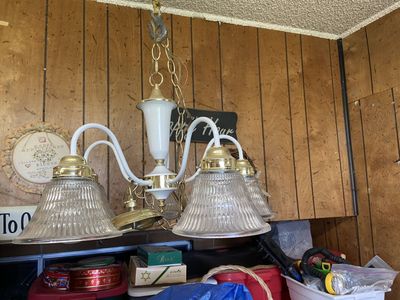 Vintage Brass and White 5-Light Chandelier Hanging Fixture with Fluted Glass Shades