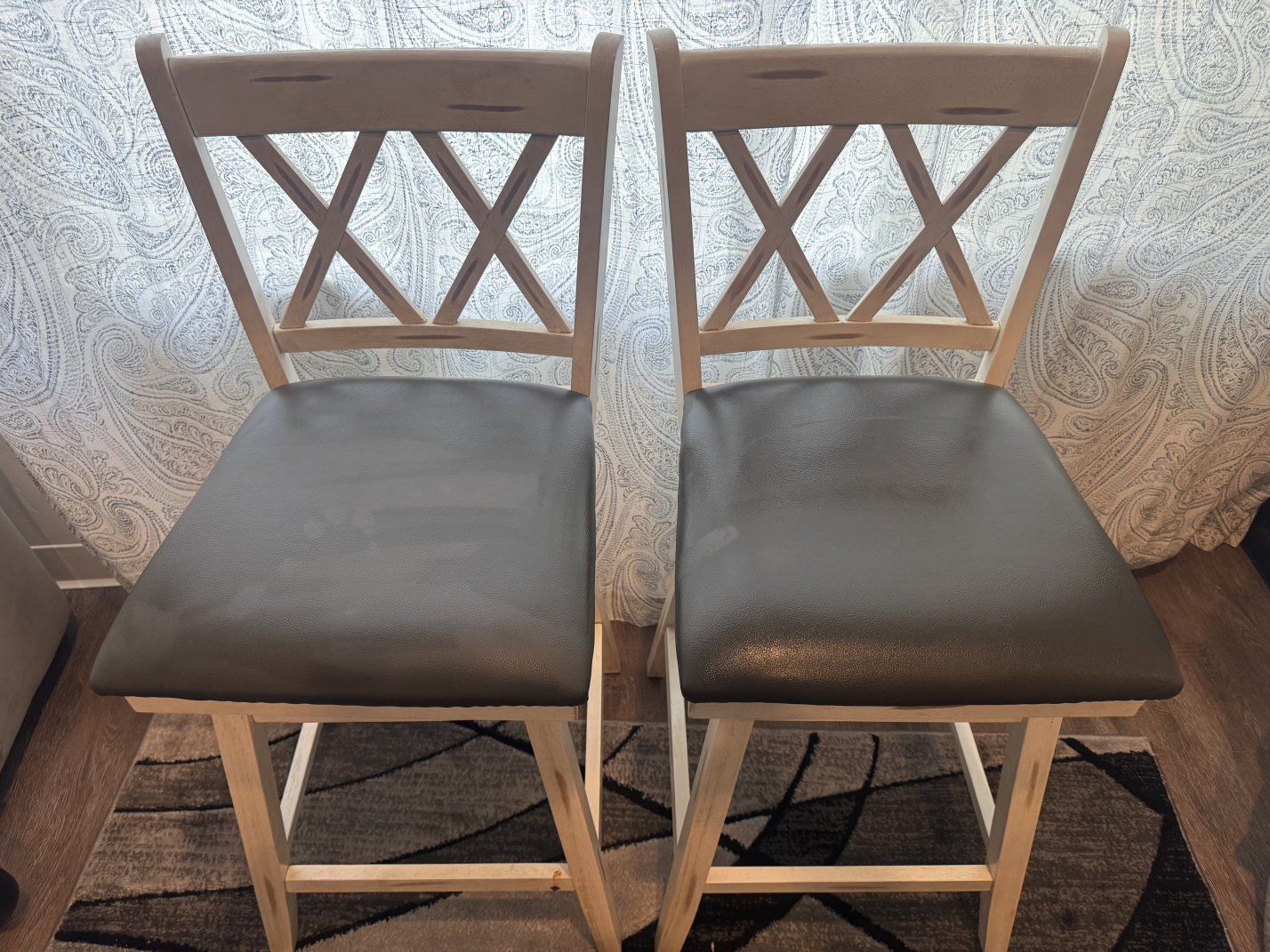 Distressed White Wood Bar Stool with Gray Upholstered Seat - 24" Counter Height, set of 2
